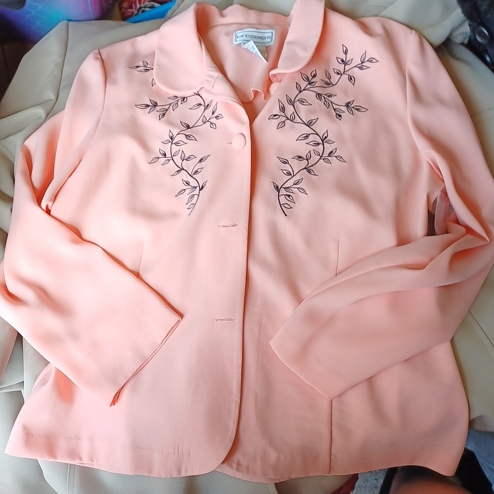 Vintage Karen Stevens embroidered blazer,  Peach, sz 16